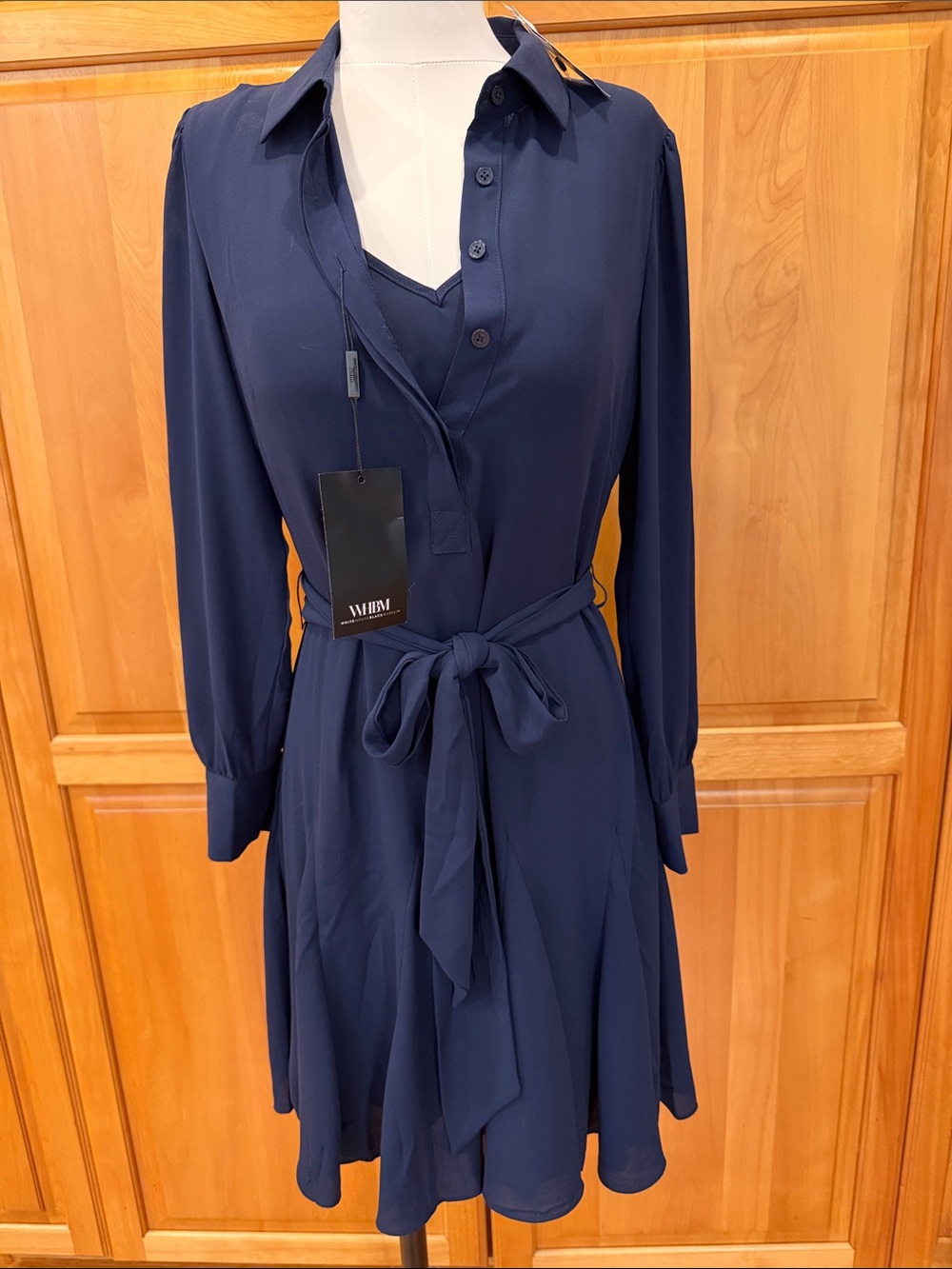 White House Black Market Navy Button-Front Tie-Waist Long Sleeve Dress
